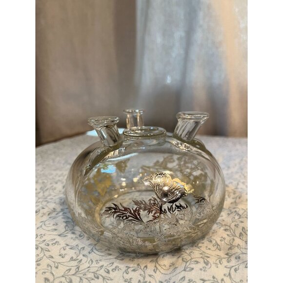 Viking Glass 3 Footed Flowerlite Silver City Poppy Overlay MCM Glass Frog - Picture 6 of 16